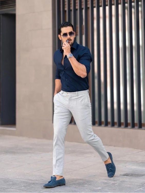 Navy Shirt with Light Gray Pants